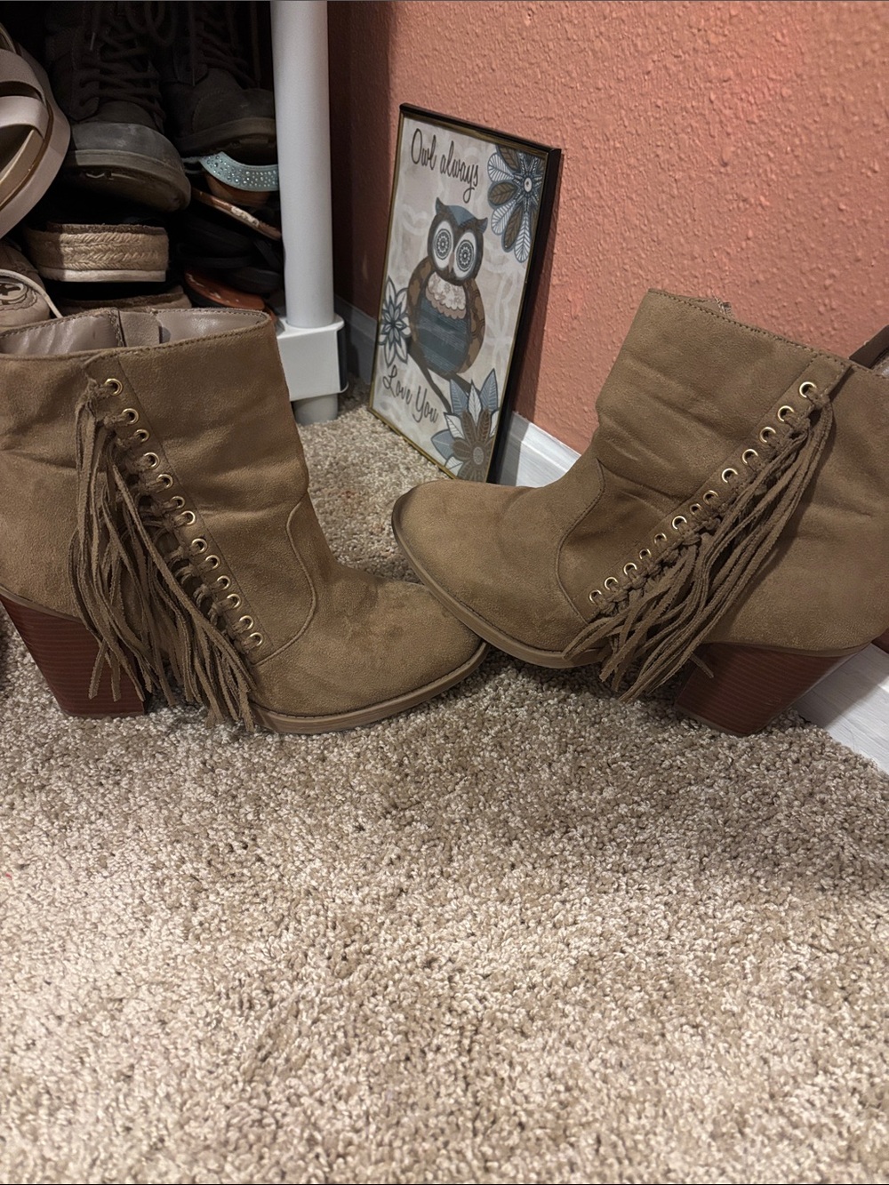 Fringed Suede Ankle Booties in Tan